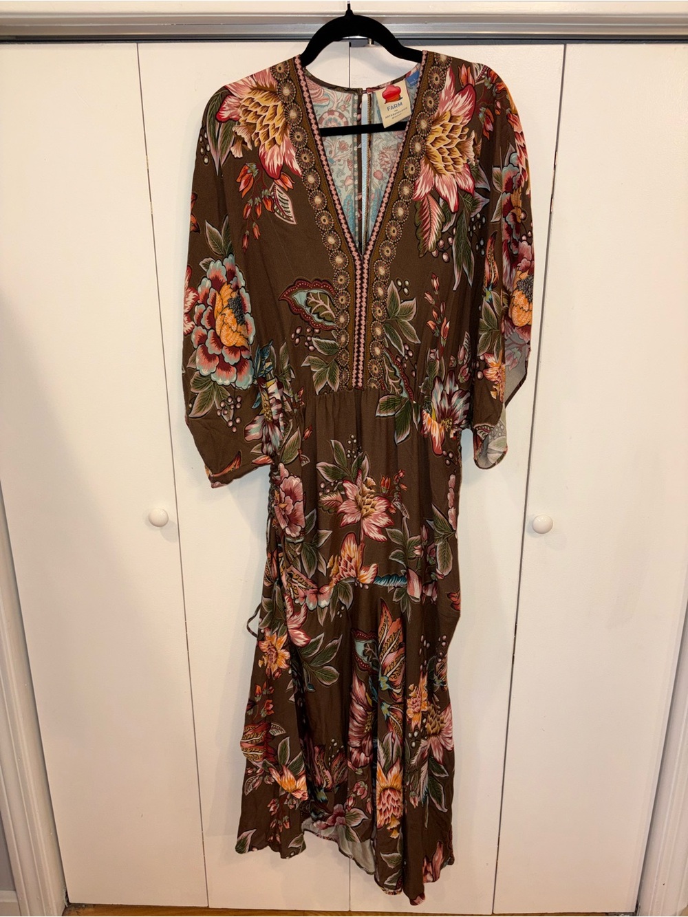 Farm Rio Anthropologie Valentina Maxi Dress Brown Floral V Kimono Large - Picture 2 of 7